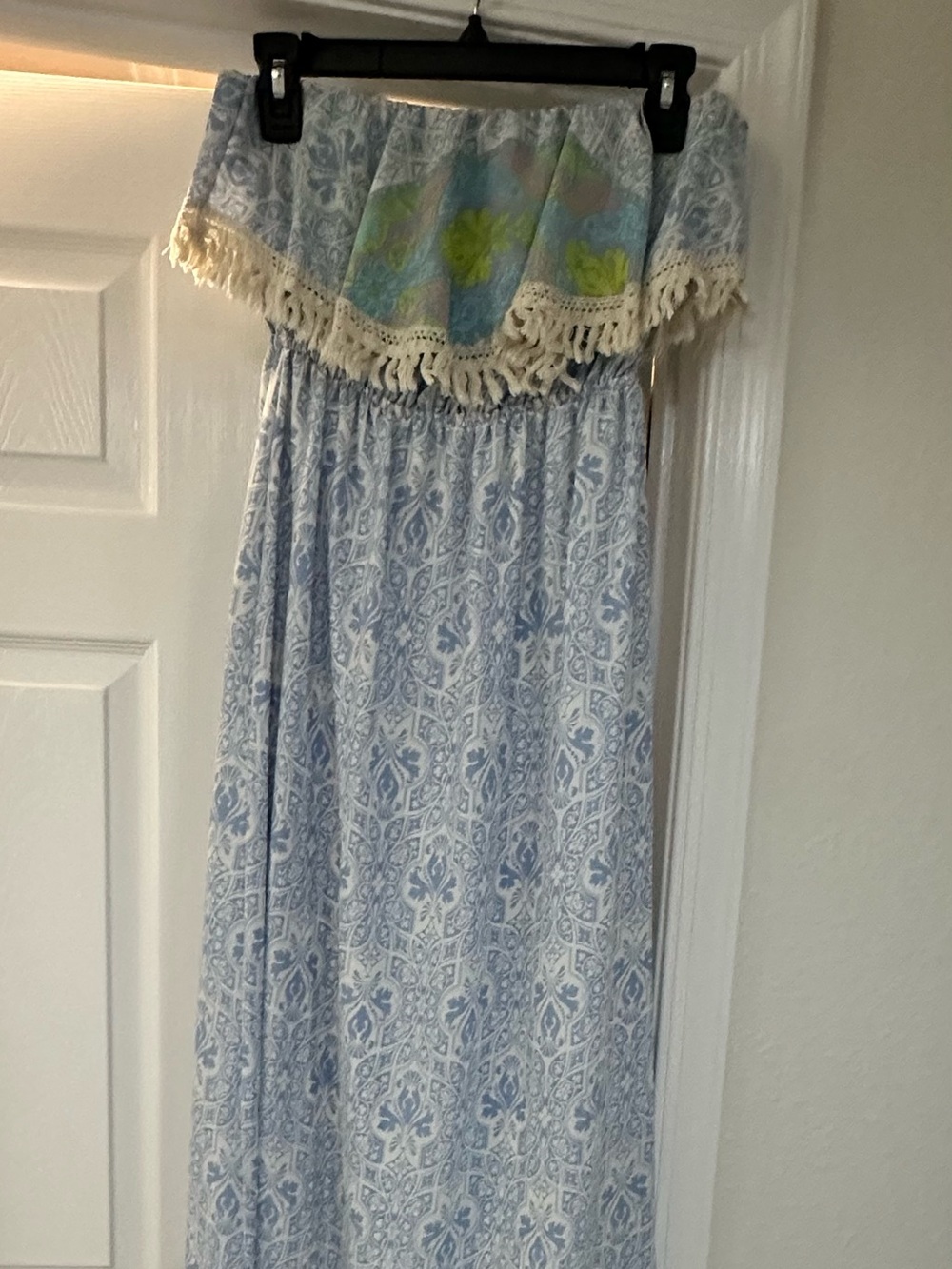 Peach Love California Blue and White Patterned Maxi Dress with Fringe top